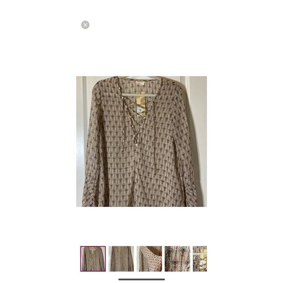 NWT Boutique Emory Park L/S Peasant Blouse Lace Up Neckline Taupe Navy Pattern L - Picture 5 of 11